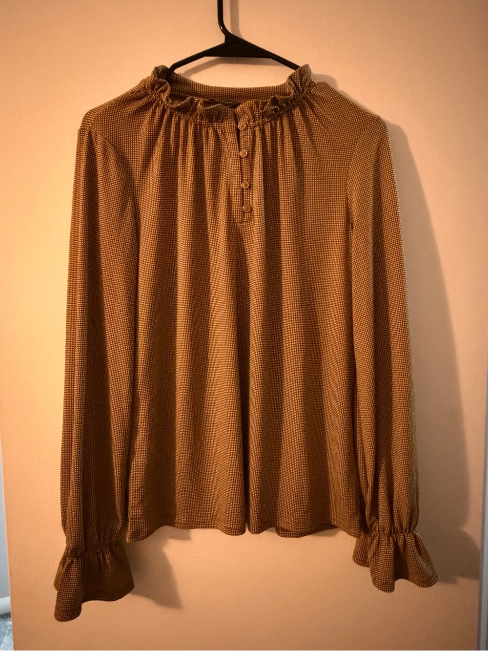 Adrianna Papell Mustard Ruffle-Neck Long Sleeve Blouse